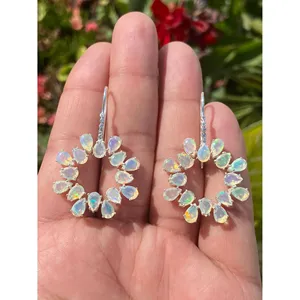 925 Silver Ethiopian <b>Opal</b> Dangle <b>Earrings</b> Gold Plated Religious Christian Floral Drop Hoop Design for Weddings - Product Image 1