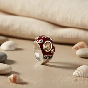 แหวนเงินแท้ 925 ประดับด้วยพลอยสีแดงซิทรินเคลือบเงา สำหรับผู้หญิง ดีไซน์โดดเด่น ชุบทอง 18K และโรเดียม ฝังพลอยทรงเรขาคณิต - Product Image 3