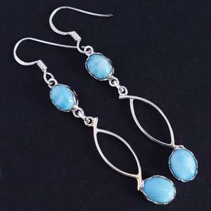 Pendientes de gancho chapados en oro con piedras preciosas naturales Larimar con forma ovalada de Plata de Ley 925 al por mayor, joyería de moda para mujeres y niñas - Product Image 2