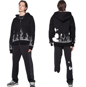 Nouvel arrivage : Sweat à capuche zippé intégral pour homme en molleton bouclette 100 % coton, grande taille, avec strass noirs unis - Product Image 3