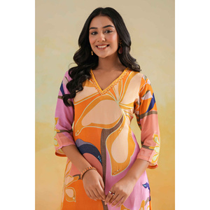 Ensemble Kurta pour femme Misbah Hiba, couleur mandarine moutarde, avec pantalon - Product Image 1