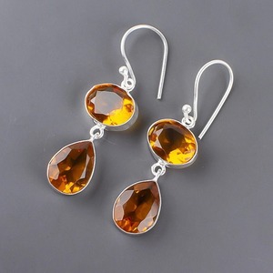Pendientes colgantes de plata de ley 925 chapados en oro con piedras preciosas de citrino natural para mujer, joyería brillante hecha a mano, Idea de regalo para fiesta - Product Image 1
