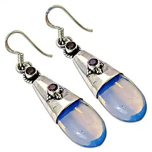 Boucles d'oreilles pendantes en argent 925 avec opale bleue et grenat pour femmes, bijoux tendance - Product Image 1