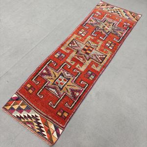 Turkish <b>Runner</b> Rug 2.8x9.3 ft (86x284 cm), Herki <b>Red</b> Solid Vintage Rug - Product Image 2