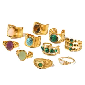 Anello in acciaio inox per uomini e donne in pietra preziosa Vintage 18k PVD placcato oro anello aperto con Malachite pietra naturale anello gioielli
