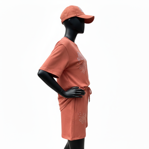 High Quality Cotton Rich <b>Women</b> <b>Shirt</b> <b>And</b> <b>Short</b> <b>Set</b> Smooth Fabric Solid Color Crystal HeatPress Logo 100% Cotton <b>T</b>-<b>Shirt</b> & <b>Shorts</b> - Product Image 3