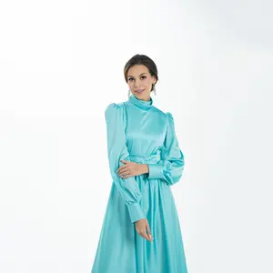 ชุดเดรสสไตล์อิสลามสำหรับผู้หญิง,ชุดอาบายาทรงสลิมฟิตสีฟ้ามีผ้าทอแบบเรียบง่ายสำหรับผู้หญิง - Product Image 1