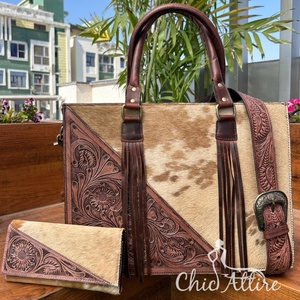 Nuevo bolso de mano con borlas de cuero de vaca a mano, nuevo bolso de mano de cuero de vaca con estilo occidental, conjunto combinado de cuero genuino - Product Image 1