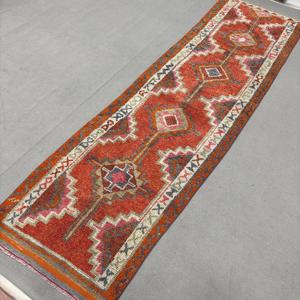 Turkish <b>Runner</b> Rug 3.2x12.2 ft (99x371 cm), Herki <b>Red</b> Plants & trees Vintage Rug - Product Image 2