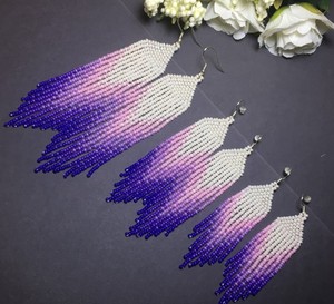 Bead <b>Earrings</b>, Purple White Long <b>Earrings</b>, Fringe <b>Earrings</b>, Boho <b>Earring</b>, Seed Bead <b>Earrings</b>, <b>Handmade</b> <b>Earrings</b> - Product Image 1