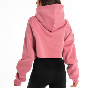 Sweat-shirt à capuche court pour femme avec logo personnalisé, coupe oversize, respirant, en polaire rose, streetwear, haute qualité - Product Image 3