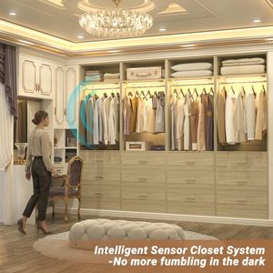 ตู้เสื้อผ้าแบบเปิดทันสมัยพร้อมไฟ LED, ตู้เก็บของในห้องนอน 3 ลิ้นชัก, ตู้เสื้อผ้าทรงสูงเพรียวบางพร้อมราวแขวนสำหรับพื้นที่ขนาดเล็ก - Product Image 5