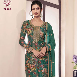 Diseñador Heavy Premium Chinon Multi Impresión digital Secuencia superior Bordado Emparejado Santoon Fondo de seda Ropa de fiesta Absorbe la humedad - Product Image 1