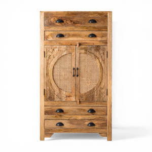 Gabinete de Madera de Mango Sólido MKJ |   Mueble de Almacenamiento para Sala de Estar Estilo Japandi con 4 Cajones y Puertas Corredizas |   Muebles para el Hogar Tallados a Mano con 3 Años de Duración - Product Image 1