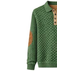 Customized Mens Mixed Texture <b>Cable</b> <b>Knit</b> Polo <b>Sweater</b> Long Sleeve Button Neck Winter Pullover With Elbow Patch In Forest Green - Product Image 3