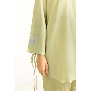 Conjunto de Dos Piezas con Bordado Ondulado Verde Claro, Tela Crepé Informal, Sin Cuello, con Mangas Tres Cuartos para Primavera/Verano - Product Image 4