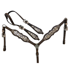 Decorado con cuero estampado de leopardo personalizado caballo occidental Headstall caballo Headstall brida pecho Collar Set - Product Image 1
