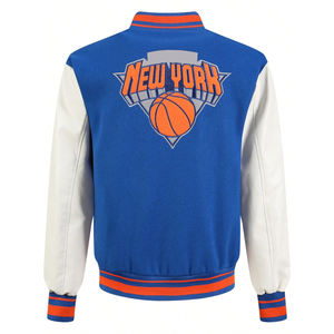 แจ็คเก็ตเบสบอลทรงบอมเบอร์สำหรับผู้ชาย คอตั้ง ปักโลโก้ด้านหน้า ผ้าผสมขนสัตว์ แขนหนัง PU แต่งขอบถัก ระบายอากาศ กันลม - Product Image 2