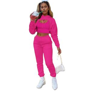 Conjunto de Dos Piezas para Mujer, Sudadera con Capucha y Forro Polar, Pantalones con Cordón, Chaleco, Manga Larga, Estilo Casual Otoñal, Color Sólido - Product Image 1