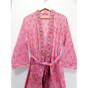 Albornoz de algodón de verano Kimono Block Impreso Floral Ropa de dormir Ropa de playa larga con cinturón Camisón de fabricante al por mayor - Product Image 5