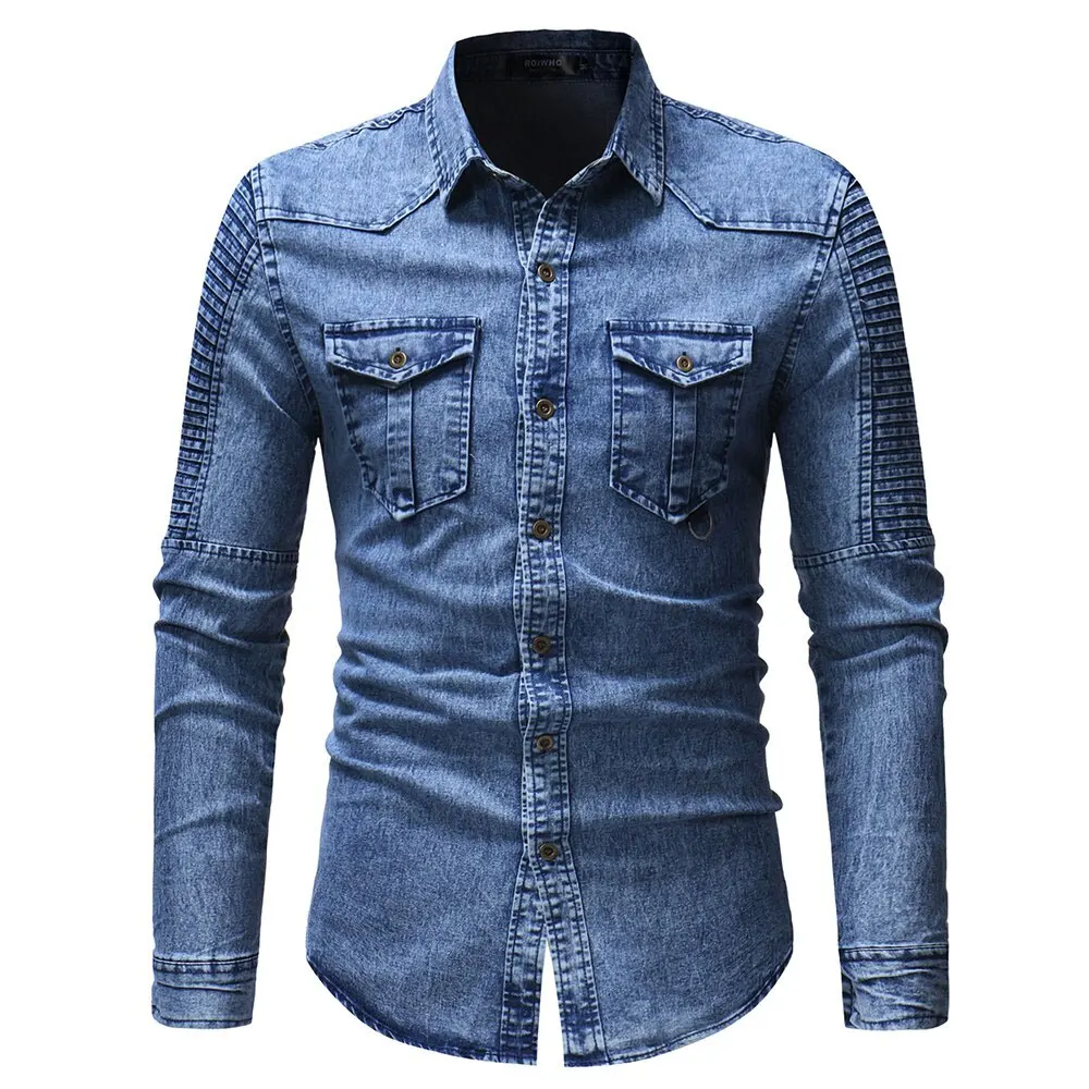 Camisa jeans de flanela para homens, camisa de algodão, manga comprida, para homens, top venda, com logotipo personalizado