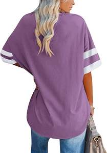 Camiseta de cuello redondo de media manga de gran tamaño para mujer, decoración de bordado de lona transpirable holgada morada, estilo de impresión informal - Product Image 2