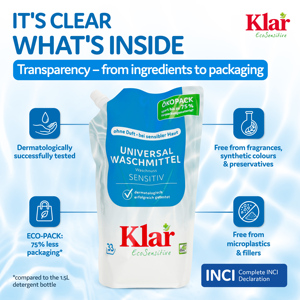 น้ำยาซักผ้าสูตรอ่อนโยนสำหรับทุกชนิด KLAR RTS 3 Vegan Eco Sensitive ขนาด 1.5 ลิตร แบบประหยัด ไม่มีน้ำหอม ซักได้ 33 ครั้ง ปลอดภัยสำหรับเด็ก ป้องกันการแพ้ - Product Image 3
