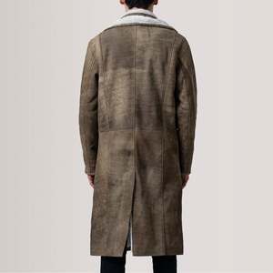 Distressed Brown Leather <b>Shearling</b> Overcoat Waterproof Hooded Long Winter <b>Coat</b> - Product Image 4