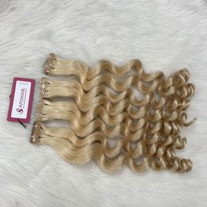 Venta al por mayor de alta calidad rubio claro cuerpo ondulado normal cinta extensiones de cabello humano - Product Image 3