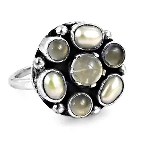 925 Silver Boho Geometric Ring with Moonstone & Pearl Statement Jewelry for Women Rhodium Plated <b>Set</b> for Wedding - Product Image 1