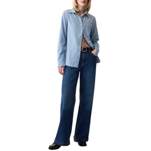 Blusa de Mezclilla Tejida de Verano para Mujer, Cuello Mao, Manga Larga, Abotonada, Suave, Transpirable, Ligera, Informal y Elegante - Product Image 3