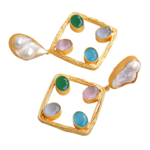 Boucles d'oreilles pendantes géométriques en laiton naturel, perle d'eau douce, pierre naturelle, finition laiton satiné, sans nickel, durables, qualité export en vrac - Product Image 3