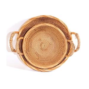 ถาดเสิร์ฟทรงกลมหวายพร้อมหูจับ ถาดชาและกาแฟหวายธรรมชาติสานด้วยมือ สำหรับใช้ในบ้านและร้านกาแฟ - Product Image 1
