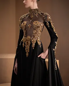 Robe de soirée sirène de luxe noire de Dubaï, ornée de perles, avec cape longue, longueur ras du sol, simple, grande taille, respirante, soutien-gorge intégré, sans bretelles - Product Image 2