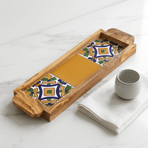 Plateau de service carré personnalisé unique - Plateau ottoman en bois d'olivier et céramique pour un style de table basse tendance - Product Image 4