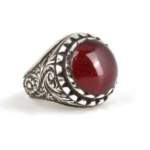 Bague pour homme en argent sterling 925 gravée à la main, pierre d'ambre rouge pressée taille radiant, motif géométrique, bijou à porter au quotidien - Product Image 2