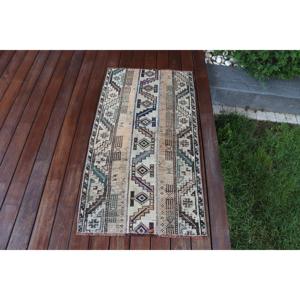 Turkish Vintage Small Rug 2x3.9 ft, <b>Brown</b> Blue Abstract <b>Wool</b> Rug - Product Image 1