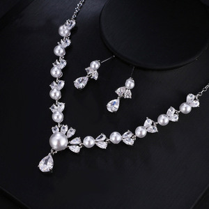Conjunto de joyería de boda, collar, pendientes, Circonia cúbica, perlas nupciales, venta al por mayor - Product Image 2