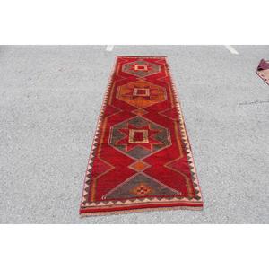 Turkish <b>Runner</b> Rug, 3.2x10.6 ft Vintage Rug, <b>Red</b> Herki Wool Rug - Product Image 1