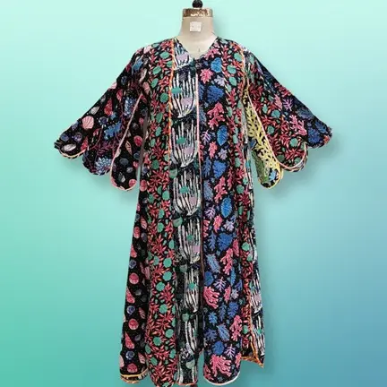 Indian Handmade printed Long Sleeve Kaftan Robe Islamic Ramadan Kurta kaftan For Women