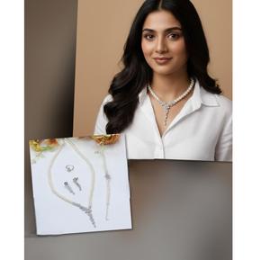 Ensemble de collier tendance en argent avec perles et pierres CZ, avec boucles d'oreilles, bague et bracelet pour les fêtes, collection moderne pour femmes - Product Image 1