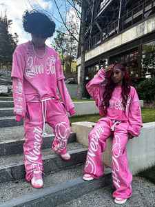 Conjunto de sudadera y Jogger de manga larga de doble capa con serigrafía cuadrada de algodón vintage personalizado - Product Image 4