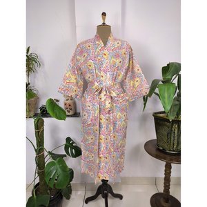 Boho-Hausrobe Indischer Handbedruckter Baumwollkimono Mit Lebendigen Blten Perfekt Fr Den Sommer Luxurise Strandferien Plus - Product Image 1