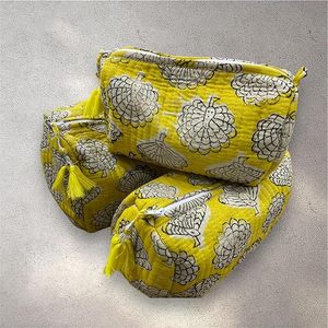 Handblock Cotton Deep Yellow Vintage Eco-Friendly Cosmetic Case 3-piece Travel Organizer Waterproof Machine Washable <b>Bags</b> Makeup - Product Image 1