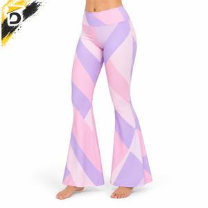 Leggings évasés taille haute à imprimé géométrique rose et violet, en tricot extensible, longueur intégrale, pour femme, toutes saisons, coupe cloche - Product Image 3