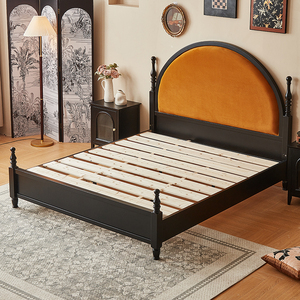Round <b>Bed</b> With Orange Velvet Headboard <b>Platform</b> Style Eclectic Design Solid Wood <b>Frame</b> King Queen Full Size - Product Image 2