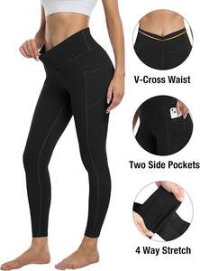 Paquete de 4 pantalones de yoga de entrenamiento con control de barriga de cintura alta para mujer con bolsillos Leggings casuales de estilo sólido - Product Image 5