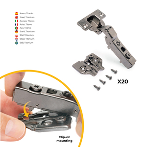 Emuca Set di cerniere a gomito in acciaio titanio 20x91 chiusura morbida con inserti a vite altezza 0 cerniere per mobili - Product Image 4