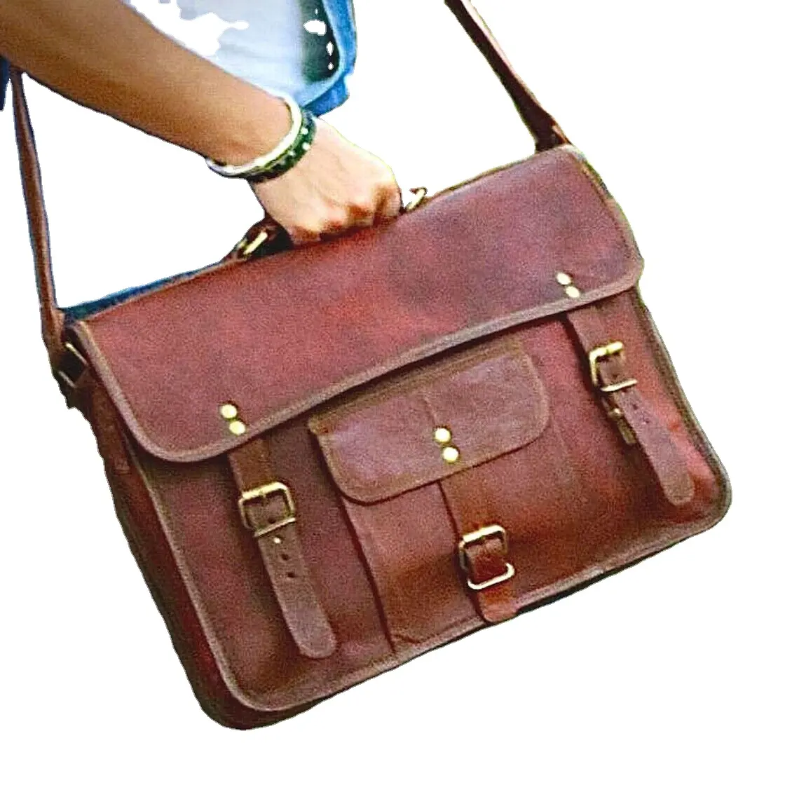 Sıcak satış yüksek kalite lüks erkek hakiki Vintage 42 CM deri Messenger omuz dizüstü bilgisayar çantası ihracat satış için