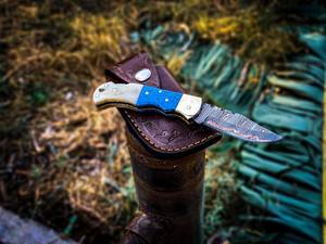 Cuchillo plegable de acero de Damasco efectivo para supervivencia al aire libre, cuchillo de Camping de bolsillo, Funda de cuero para caza, envío directo disponible - Product Image 4